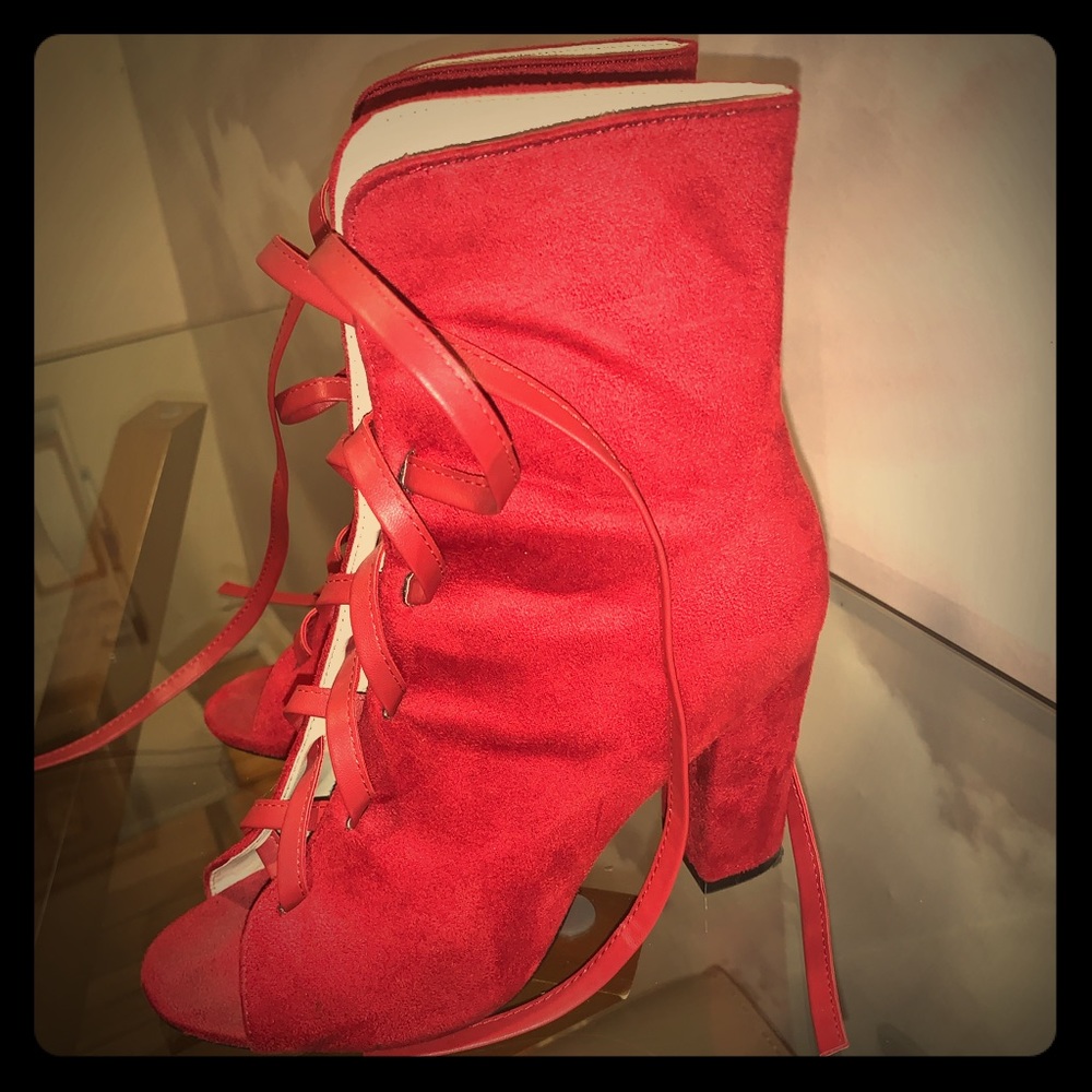 Beautiful red open toed tie up booties